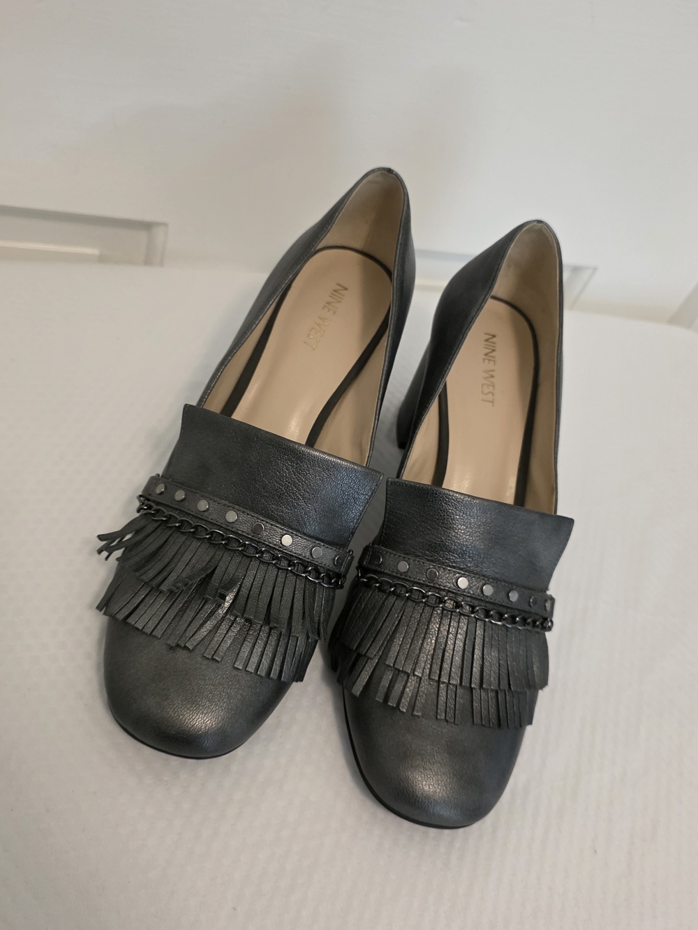 Nine West Pewter In Color Leather Tassled Pumps Size 11, Business Casual Stylish